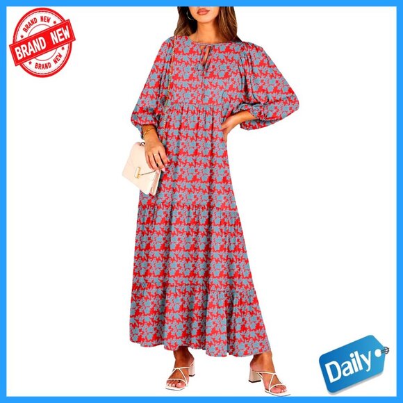 Dresses & Skirts - Boho Maxi Dress with Puff Sleeves, V-Neck, Flowy Swing Fit